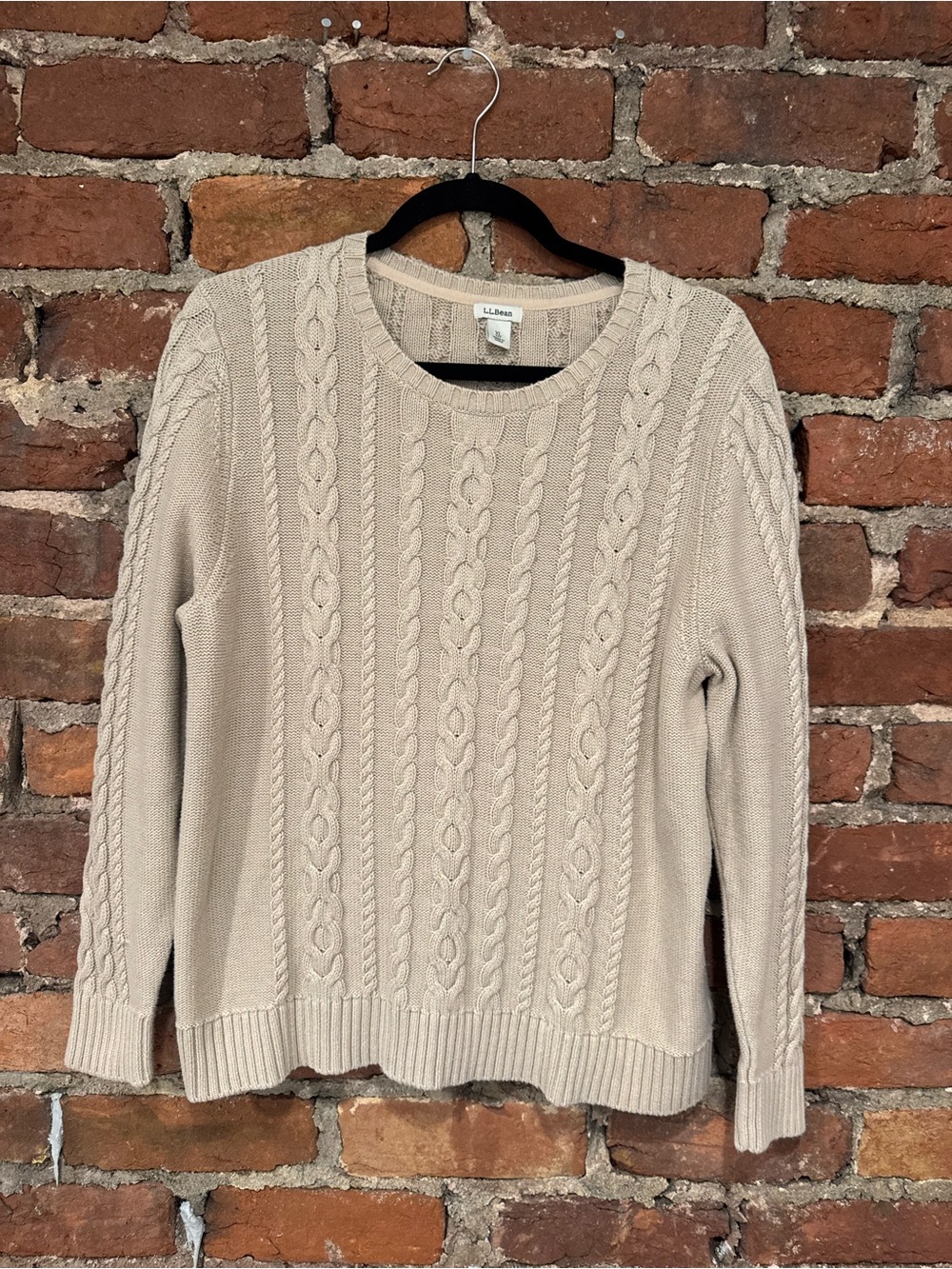 Vintage L.L. Bean Women’s Tan Cable Knit Crewneck Sweater (100% Cotton)